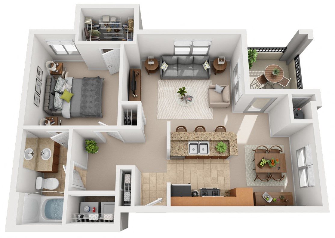 Flamingo floor plan 3D 1 bed - 1 bath 767 sq. ft.